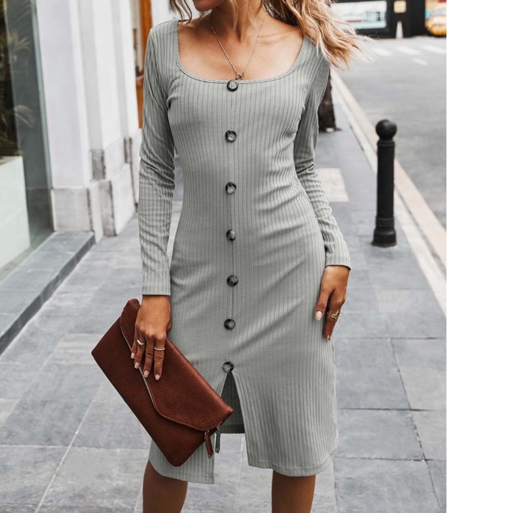 Supreme Fashion Gray Ribbed Square Neck Midi Dress. NWOT